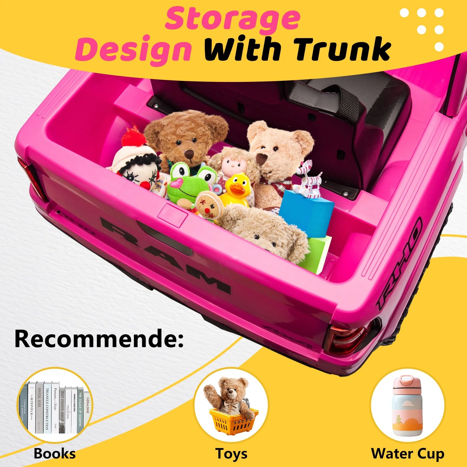 Dodge RAM Ride on Car, 12V Powered Ride on Toy with Remote Control, Rear Wheel Suspension, 5 Point Safety Belt, MP3 Player, Bluetooth, LED Lights, Electric Vehicles for 3-8 Years Boys Girls, Pink