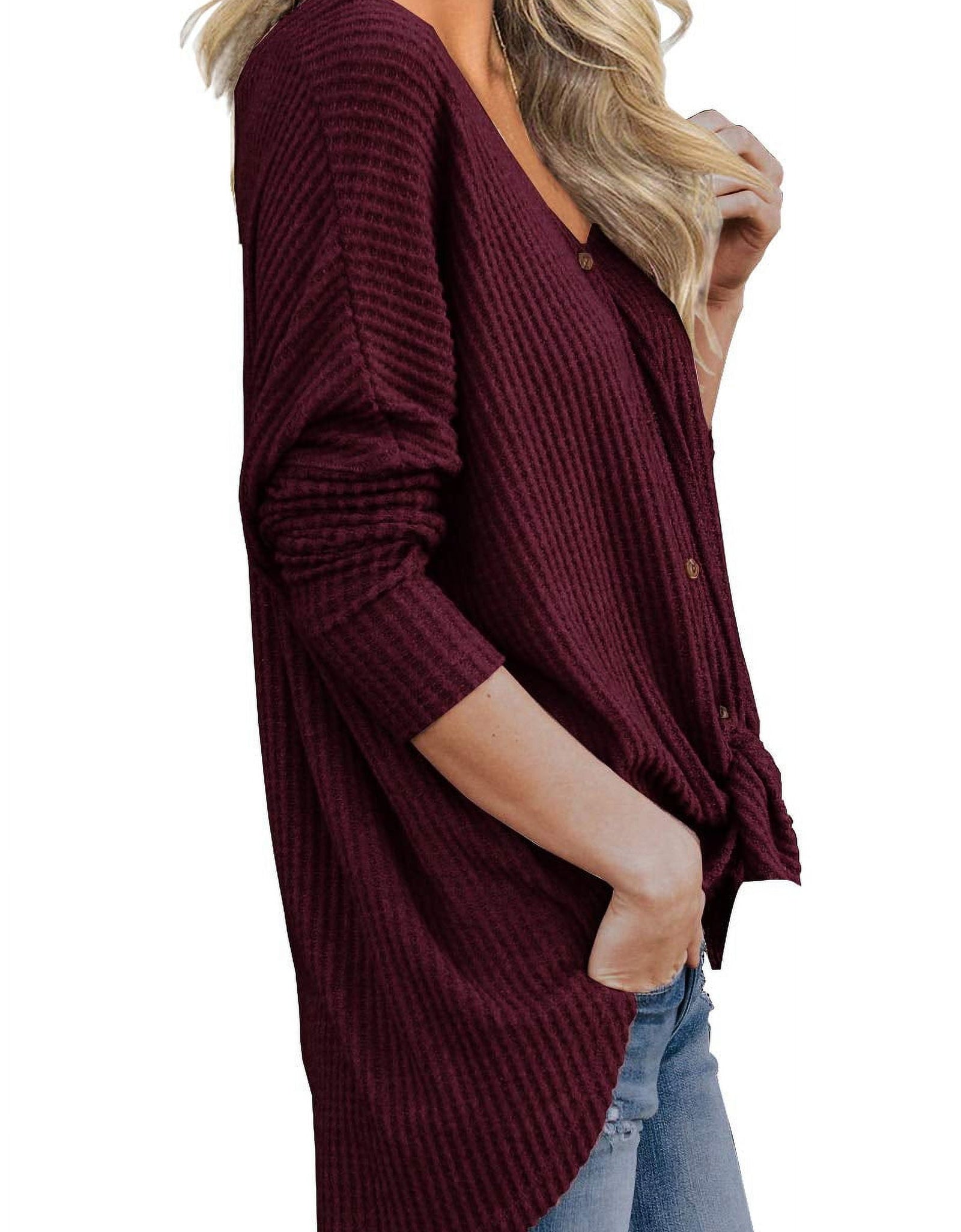 Womens Loose Blouse Long Sleeve V Neck Button down T Shirts Tie Front Knot Casual Tops Wine Red L