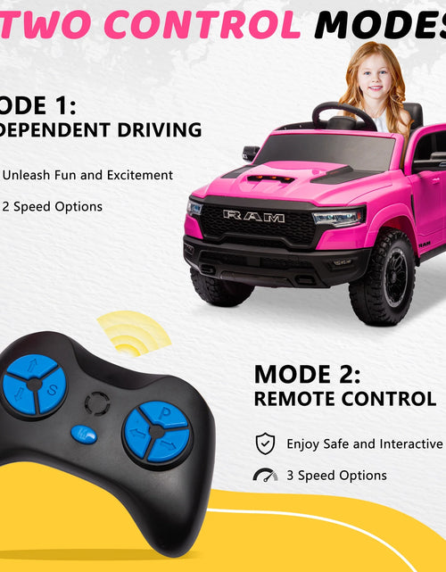 Load image into Gallery viewer, Dodge RAM Ride on Car, 12V Powered Ride on Toy with Remote Control, Rear Wheel Suspension, 5 Point Safety Belt, MP3 Player, Bluetooth, LED Lights, Electric Vehicles for 3-8 Years Boys Girls, Pink
