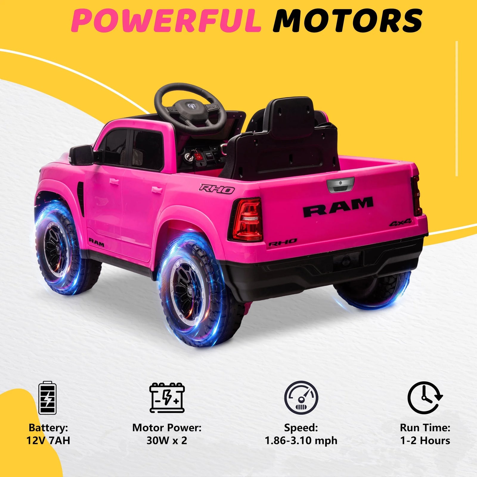 Dodge RAM Ride on Car, 12V Powered Ride on Toy with Remote Control, Rear Wheel Suspension, 5 Point Safety Belt, MP3 Player, Bluetooth, LED Lights, Electric Vehicles for 3-8 Years Boys Girls, Pink