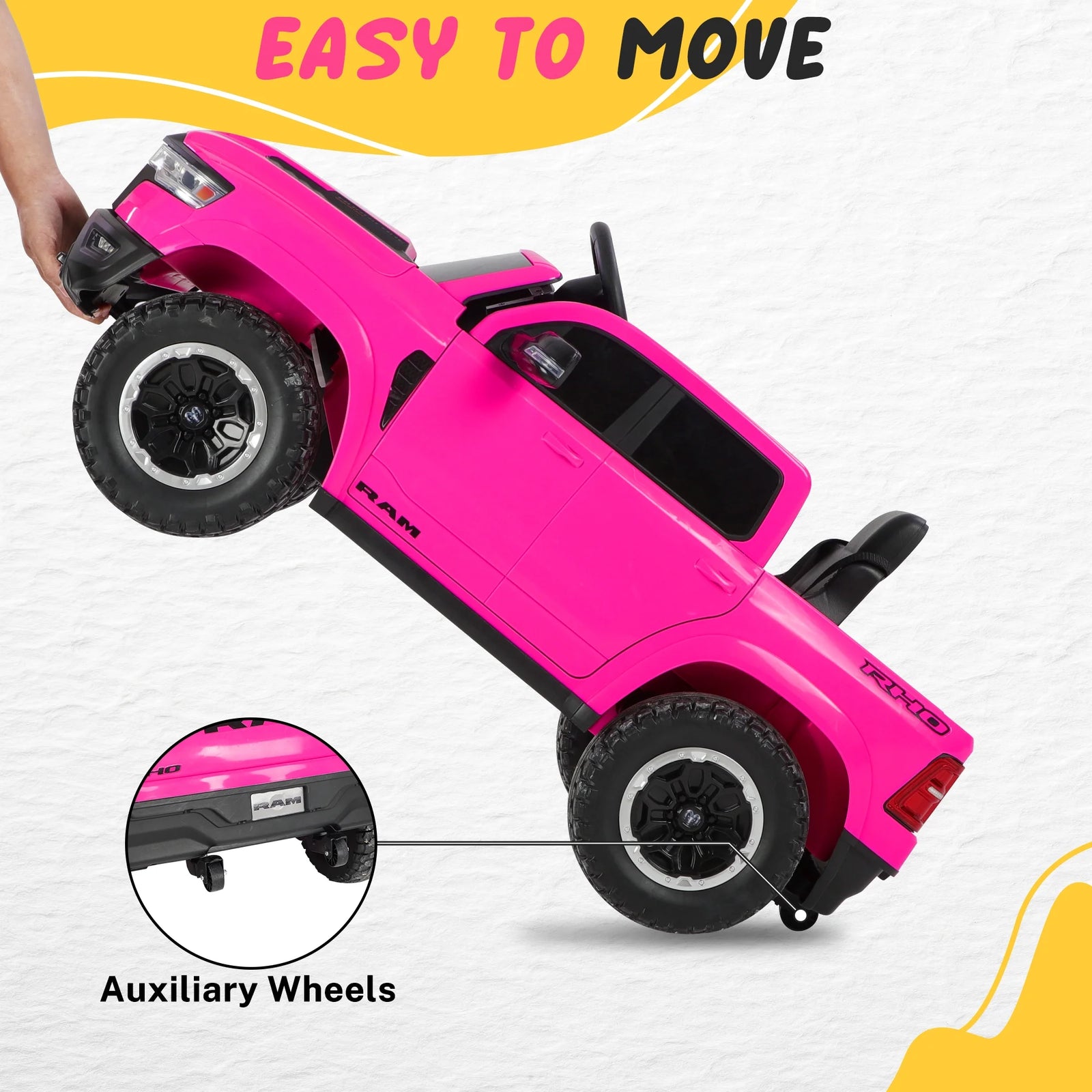 Dodge RAM Ride on Car, 12V Powered Ride on Toy with Remote Control, Rear Wheel Suspension, 5 Point Safety Belt, MP3 Player, Bluetooth, LED Lights, Electric Vehicles for 3-8 Years Boys Girls, Pink